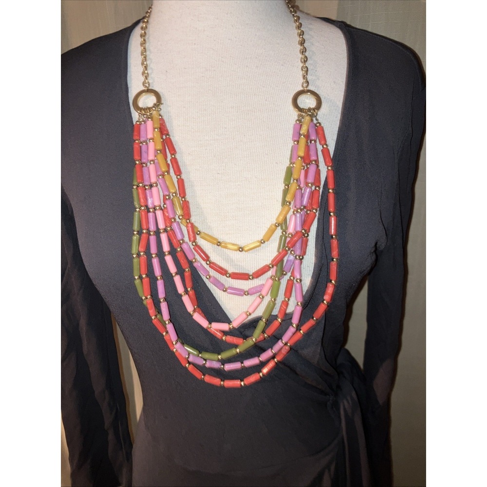 Vtg Multi-Color 8 Strand Beaded Necklace Layered Boho Style Gold Tone Chain NEW